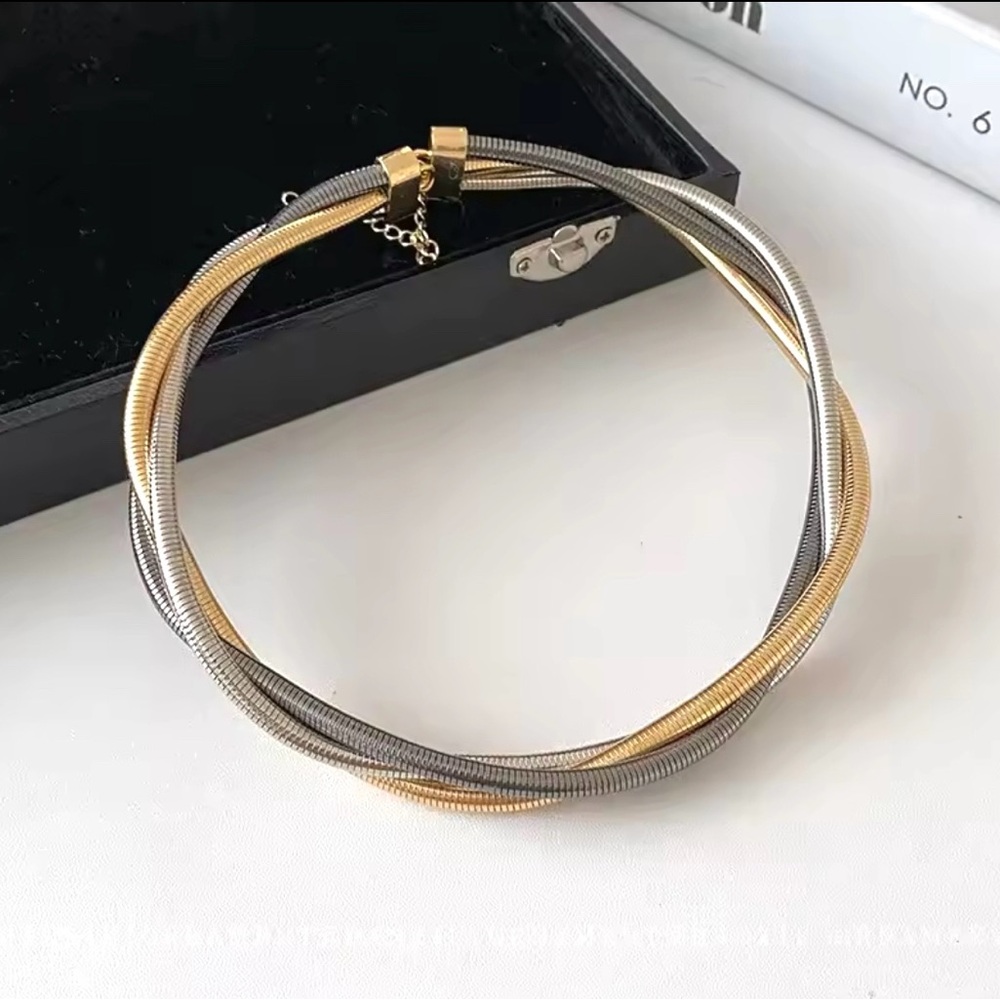 Snake Chain Collar Necklace Stacking Mixed Metals Two-Tone Gold Silver AP10